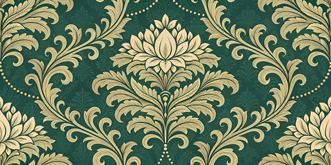 Beautiful Damask Pattern with Elegant Floral Motifs and Golden Accents on Emerald Green Background for Sophisticated Interior Design and Textile Applications at Home