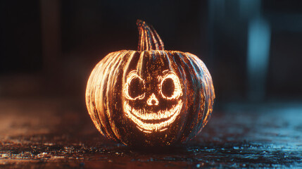 A spooky Jack-o'-Lantern glowing brightly with a carved face