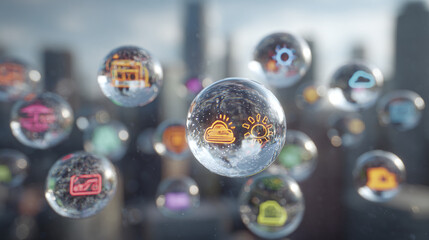A collection of transparent orbs floating in the air, each containing different digital icons and a cityscape background, creating a futuristic and innovative visual