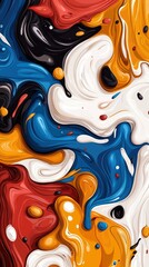 A dynamic abstract composition featuring thick, glossy swirls of red, blue, yellow, black, and white paint.