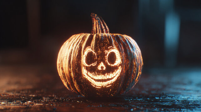 A spooky Jack-o'-Lantern glowing brightly with a carved face - Powered by Adobe