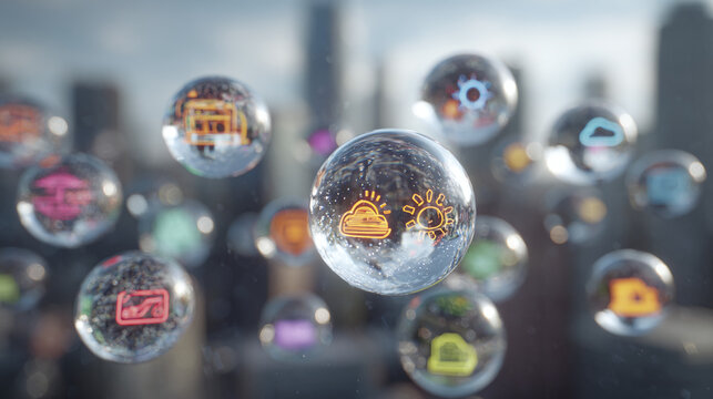 A collection of transparent orbs floating in the air, each containing different digital icons and a cityscape background, creating a futuristic and innovative visual