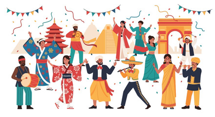 A Vibrant Illustration Celebrates Global Cultures and Traditions Through Festive Dress and Landmarks