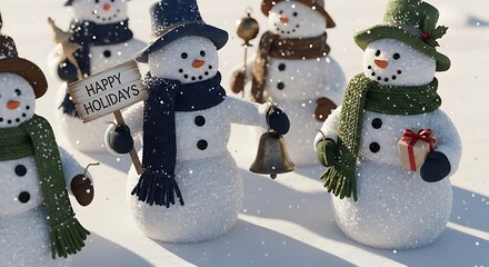 Snowmen wishing happy holidays with winter accessories in snowy landscape festive celebration