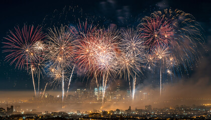 Vibrant fireworks illuminate the night sky above a glowing cityscape, creating a dazzling celebration scene.