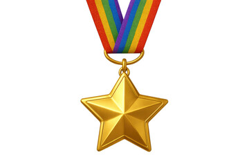 Gold star medal with rainbow ribbon symbolizing lgbtq+ community pride, winning, achievement, and success, transparent background