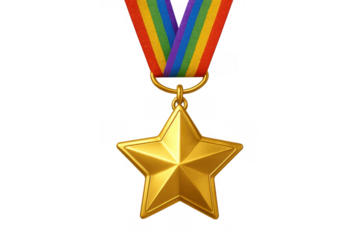 Gold star medal with rainbow ribbon symbolizing lgbtq+ community pride, winning, achievement, and success, transparent background