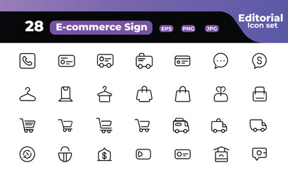 Ecommerce Editorial Icon Set of Essential Online Shopping Elements for Web and Mobile Design Projects and Interface Illustrations Presenting Shopping Cart and Delivery Services