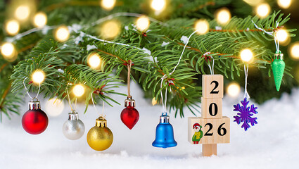 Festive christmas tree branch with ornaments and 2026 date decoration