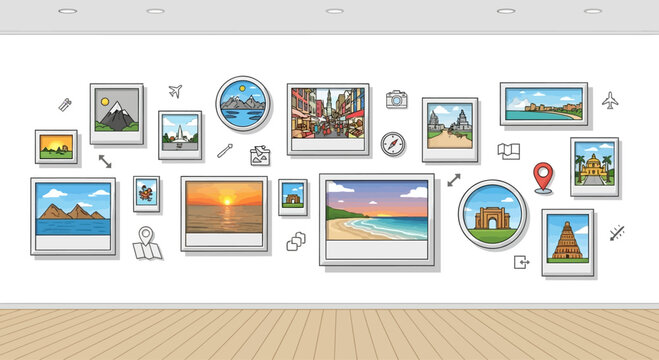 A wall adorned with vibrant travel themed drawings enhancing interior space and invoking