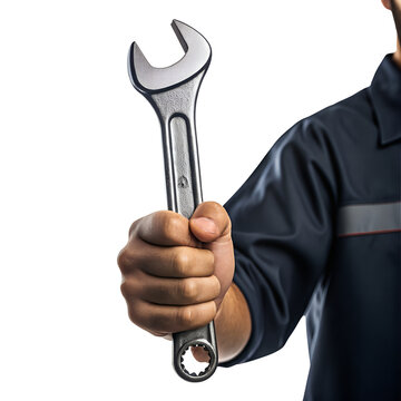 spanner, Hand holding spanner side view, mechanic tool isolated on png background, repair maintenance concept, professional workspace render