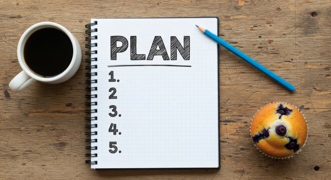 Planning for Success Notepad with PLAN with coffee, muffin, and pencil on wood.