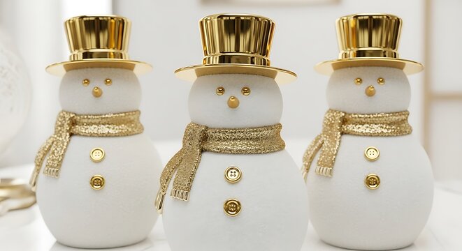 Trio of Snowmen Adorned with Golden Hats and Scarves Stands Elegantly on Tabletop Display - Powered by Adobe