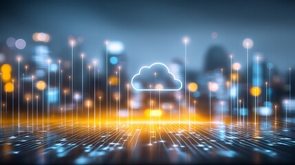 Digital Transformation Concept with Cloud Computing and Data Connection in Urban Skyline Background