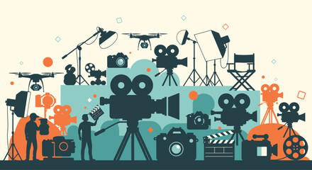 Captivating silhouette illustration showcasing a diverse array of filmmaking equipment and set