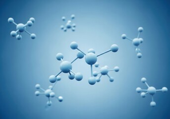 Abstract 3d rendering of blue molecular structures floating in a gradient blue background, representing science and chemistry concepts
