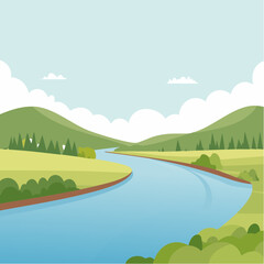 Fototapeta premium Scenic landscape with a winding river, green hills, and a clear blue sky with fluffy white clouds.