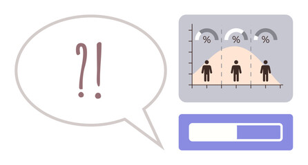 Bell curve with human figures and percentage signs, speech bubble with punctuation, and progress bar. Ideal for data interpretation, statistics, decision-making, analytics, communication, surveys
