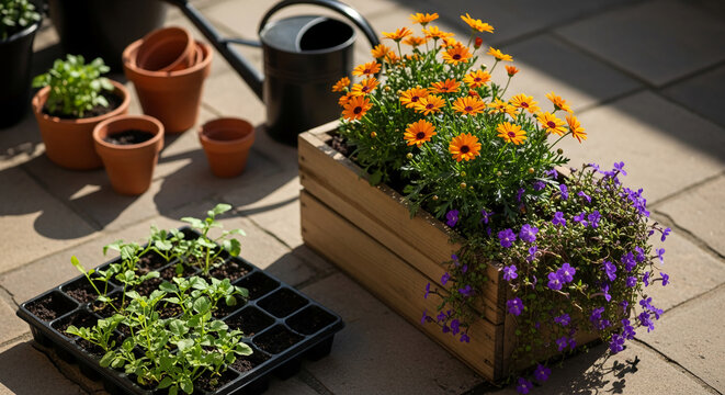 Image of orange and purple flower in a wooden planter, watering can and terracotta pot, suggesting gardening and nature appreciation.