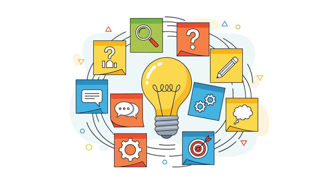 Creative process illustration showcases brainstorming around a bright lightbulb idea