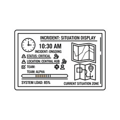 Digital incident situation display screen showing time, status, location, team, and system load, isolated on