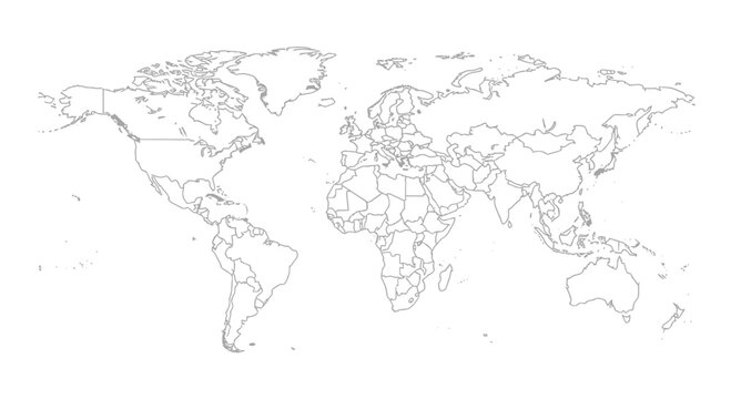 Detailed world map outline displaying political borders for geographical analysis and exploration