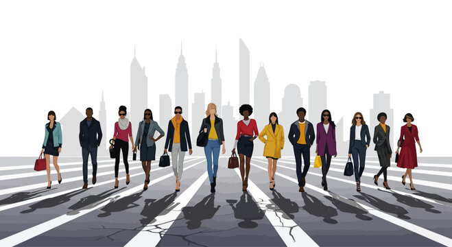 Diverse individuals walking on the street in the cityscape background creates a modern stylish vibe