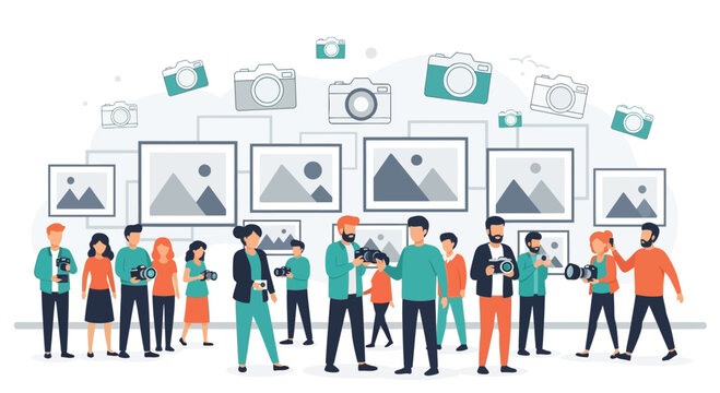 Diverse gathering of photographers showcasing portfolio with digital cameras illustration