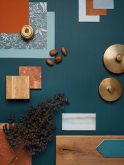 Sophisticated and minimal – a composition of dark tones, wood grains, and organic accents on a...