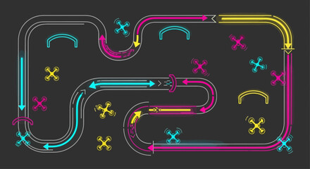 Futuristic Neon Drone Racing Circuit Illustration with Arrows Showing Directional Paths