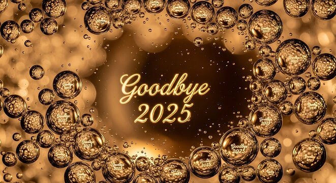 Golden bubbles with goodbye 2025 message background