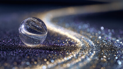 A mesmerizing glass sphere rolling on a glittering surface with a celestial trail, showcasing the beauty of light and reflection