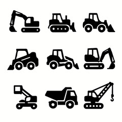 Fototapeta premium Silhouette collection of construction vehicles: excavators, bulldozers, and dump trucks