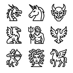 Mythical creatures illustration: dragon, unicorn, greek gods, medusa, phoenix, pegasus
