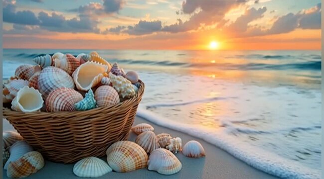 Basket of Seashells on Beach at Sunset