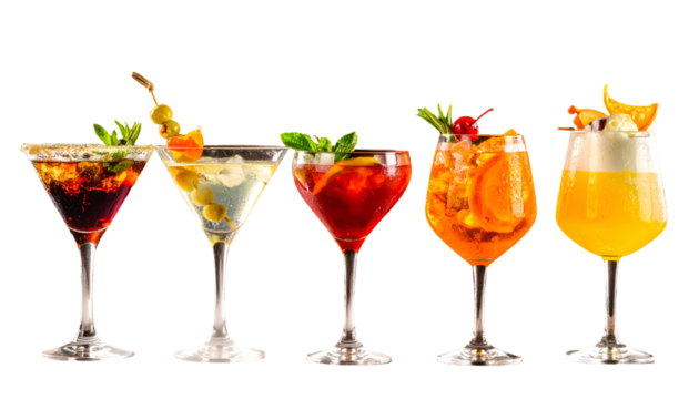 Variety of Colorful Cocktail Drinks on Black, Transparent Background