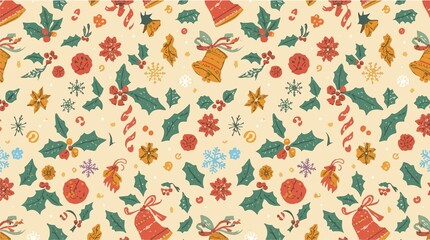 Obraz premium template featuring a vibrant and colorful Christmas pattern with hand-drawn winter holiday elements, including snowflakes, holly leaves, and bells
