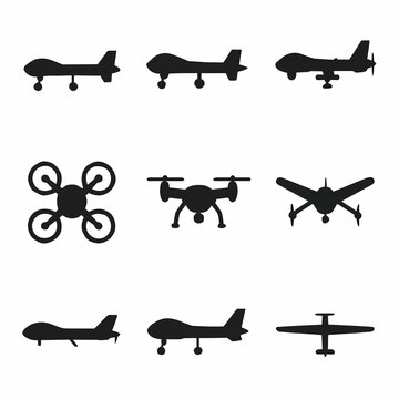 Set of nine drone silhouettes: quadcopters and fixed-wing variants in black