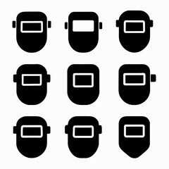 Set of nine black welding helmet icons in grid pattern