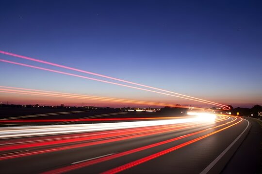 Long exposure of car light trails on a highway at dusk