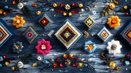 Colorful and Intricate Floral Embroidery on Textured Fabric Background with Geometric Designs