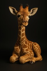 Baby giraffe sitting in studio portrait with long neck (JPEG 300DPI 7200x10800)