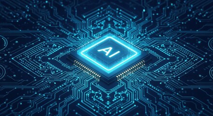 Closeup of a glowing blue ai chip on a circuit board, symbolizing artificial intelligence and advanced technology