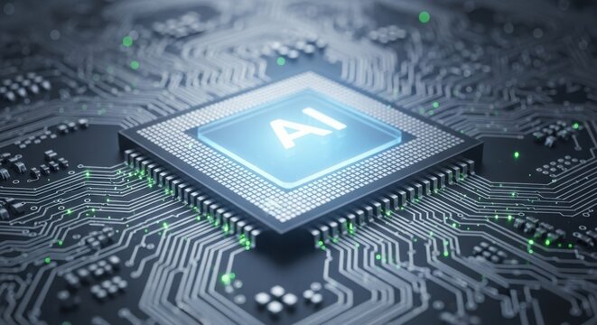 Detailed view of a luminous ai processor integrated into a complex electronic circuit board, representing cuttingedge technology - Powered by Adobe