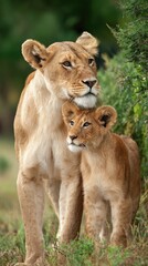 Naklejka premium Lioness and cub in savanna