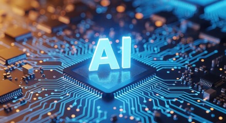 A central ai processor chip with illuminated ai text, surrounded by intricate blue glowing circuits on a dark motherboard, symbolizing artificial intelligence and advanced computing