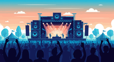 Vibrant musical gathering vector illustration, festive open-air concert celebration with © Alis
