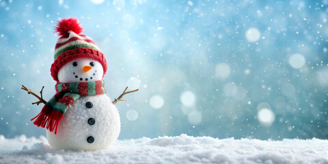 Cheerful snowman with red-and-green striped hat and scarf standing in falling snow against winter background with copy space