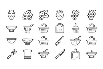 Food prep outline symbols with washing elements, baskets and utensils for web layouts