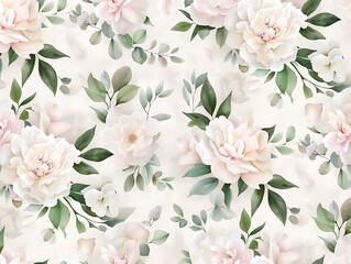 Elegant Floral Pattern with Soft Pastel Flowers and Green Leaves on a Light Background